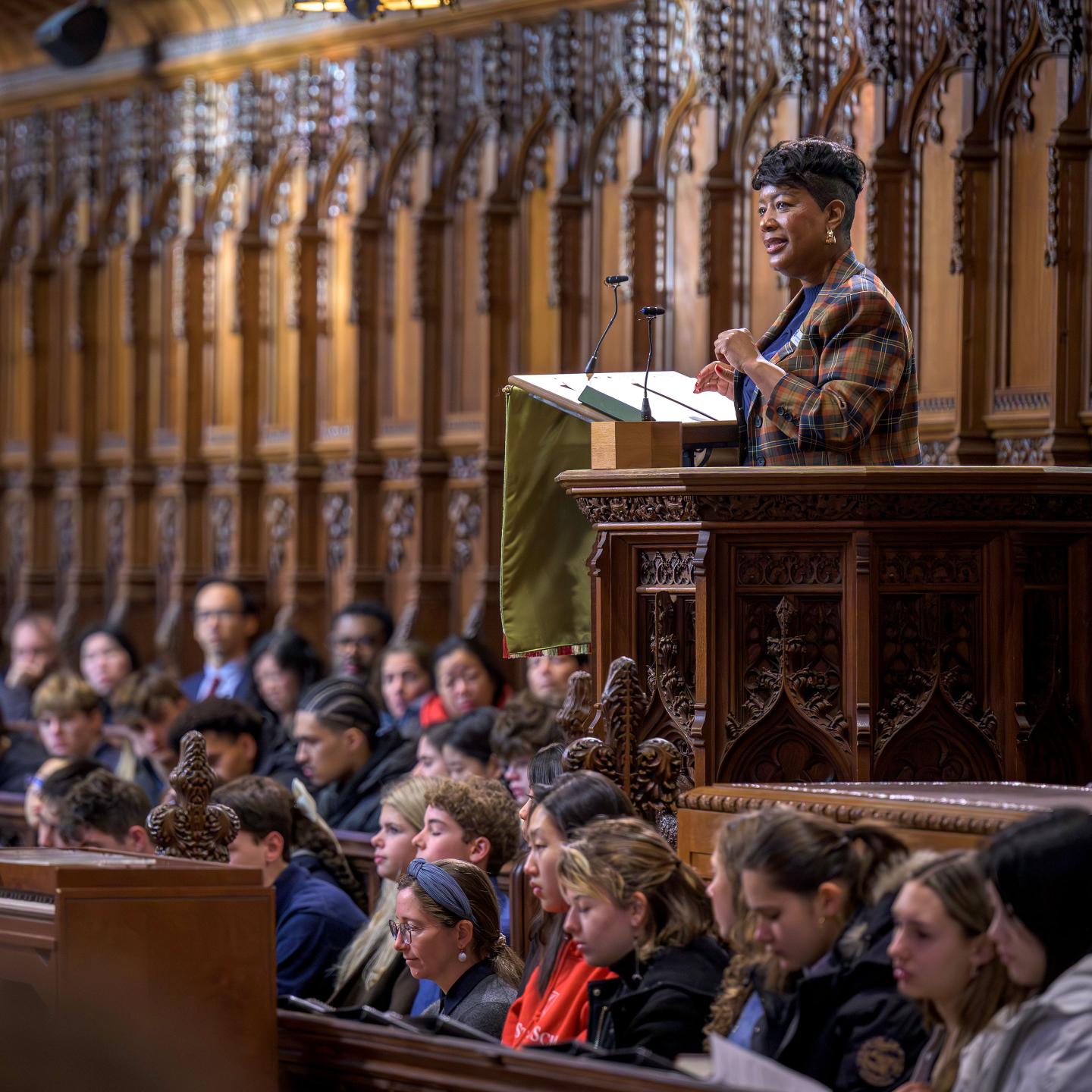 Dr. Angelina Arrington of Bishop Walker School speaking in Chapel