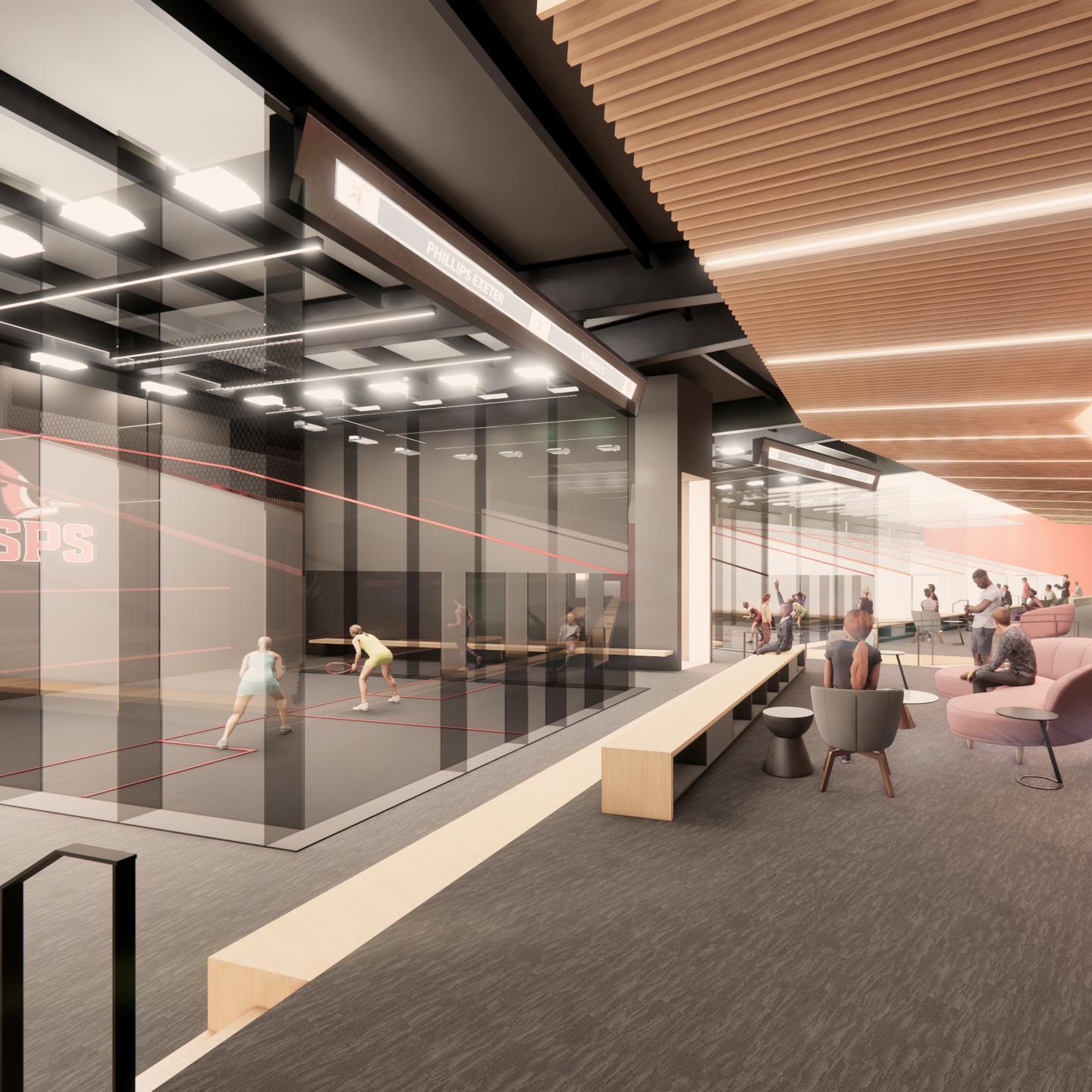 Architectural rendering of the squash concourse viewing the glass exhibition courts