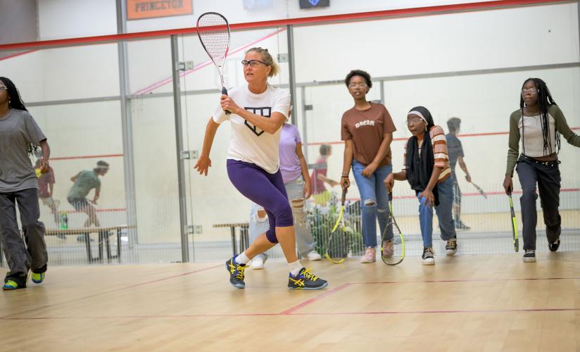 Alexandra Maurer '84 working with young squash players at the PCS facility in Portland, Maine