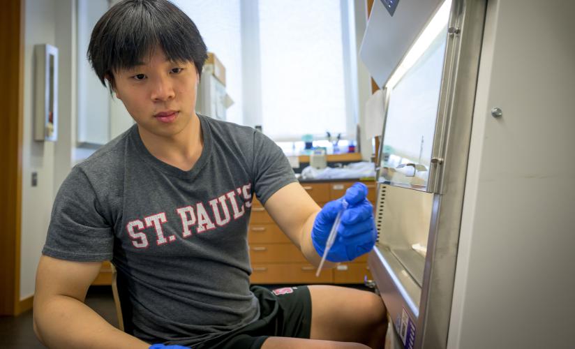 Lucas Ding '24 working at qPCR machine in Lindsay Center