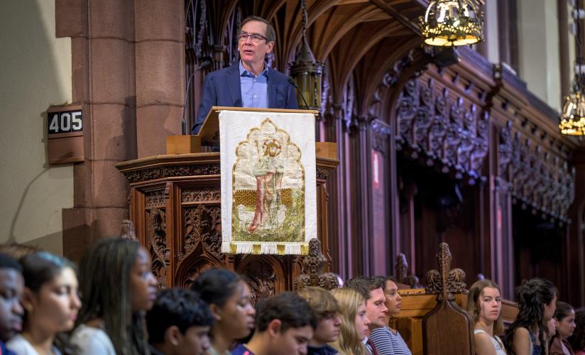 Ambassador Jess Baily '78 speaking in Chapel