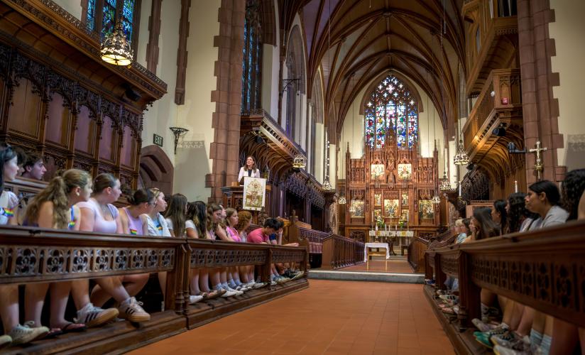 83rd Governor Kelly Ayotte speaks in the Chapel of St. Peter and St. Paul at SPS on July 15, 2025.