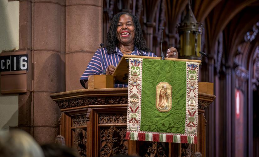 Renée Watson speaking in chapel