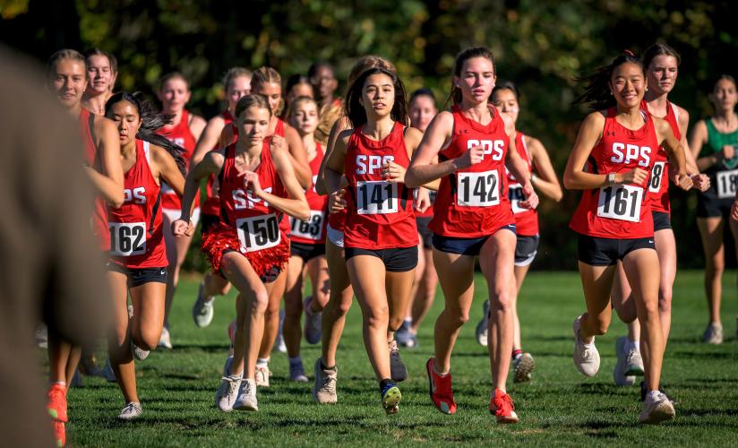 Girls varsity cross country at the St. Paul's School Invitational meet in October, 2025.