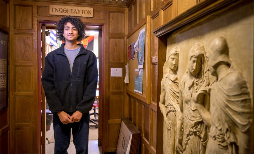 Luca Bocresion outside classroom in the Schoolhouse
