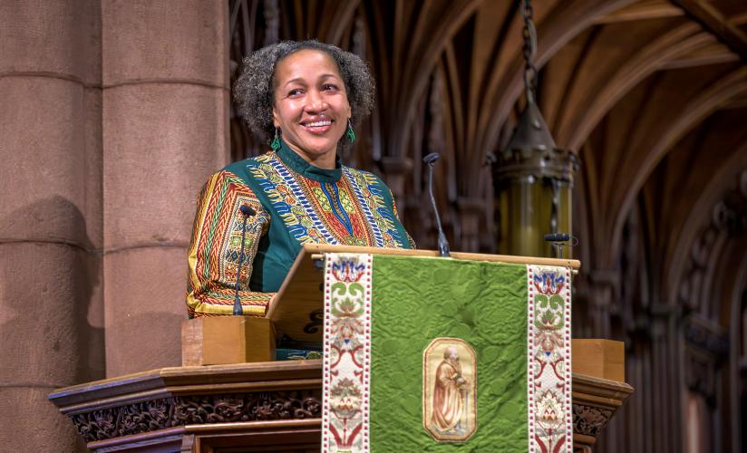 Rev. Mariama White-Hammond speaking in chapel
