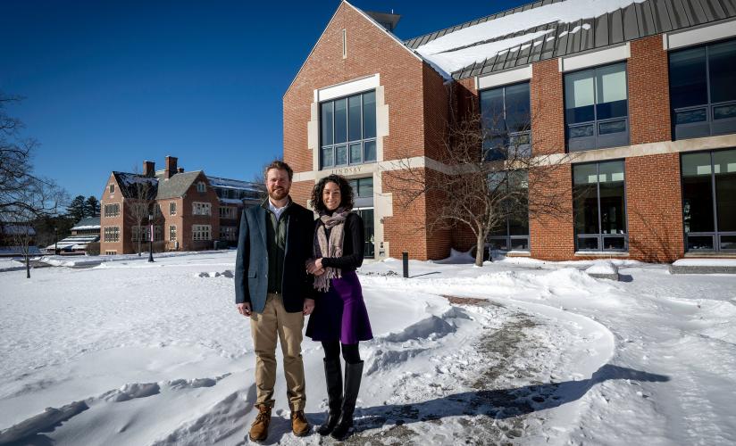 Eli Durmer and Jessica Pine in front of Lindsay Center