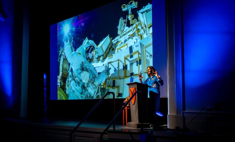 Suni Williams speaking to the community in Memorial Hall