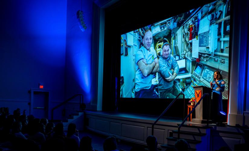 Suni Williams speaking to the community in Memorial Hall