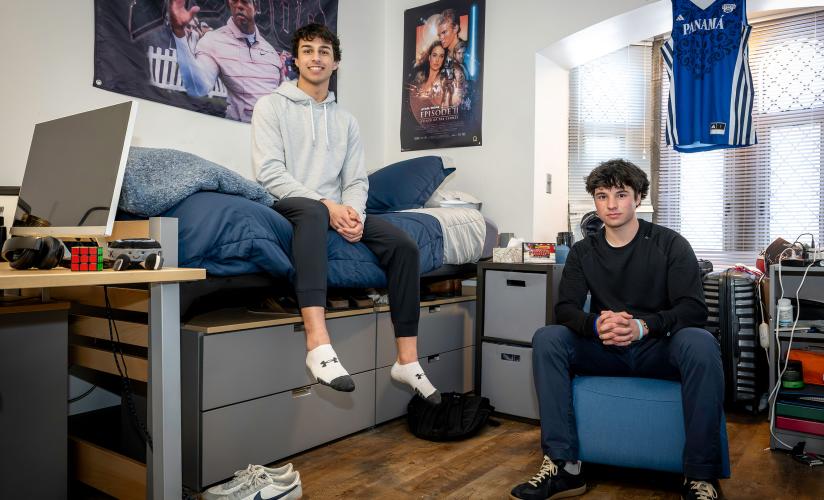 Roommates Ryan Vohra and Iago Arango in their dorm room