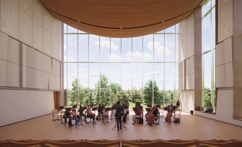 Architectural rendering for the interior of the music performance hall