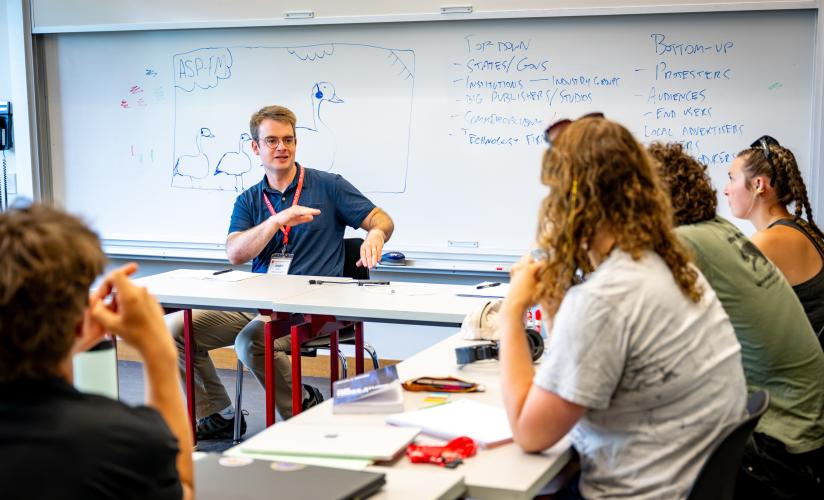 Andy Stuhl leads a discussion in his revamped Media and Society Major Course during the 2026 Advanced Studies Program at St. Paul's School, NH.