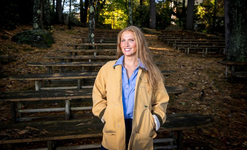 Susannah Phillips standing in the outdoor Tracy Memorial Theater
