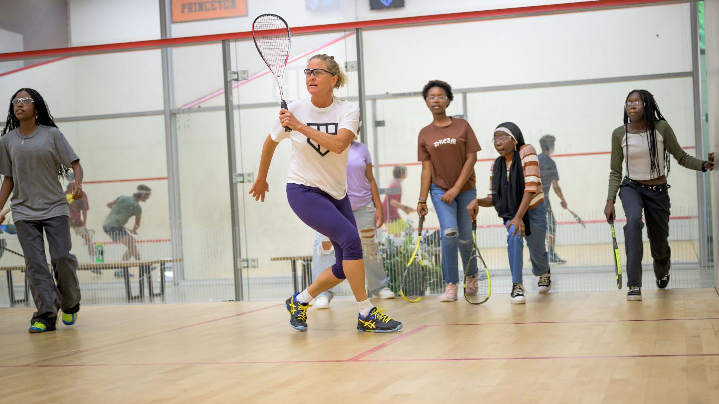 Alexandra Maurer '84 working with young squash players at the PCS facility in Portland, Maine
