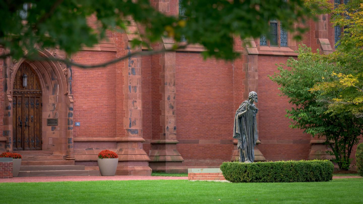 Outside New Chapel with St. Paul statue