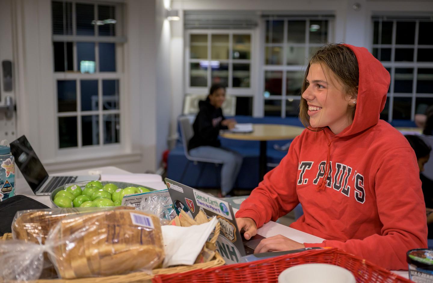 At counter in common room in Warren House