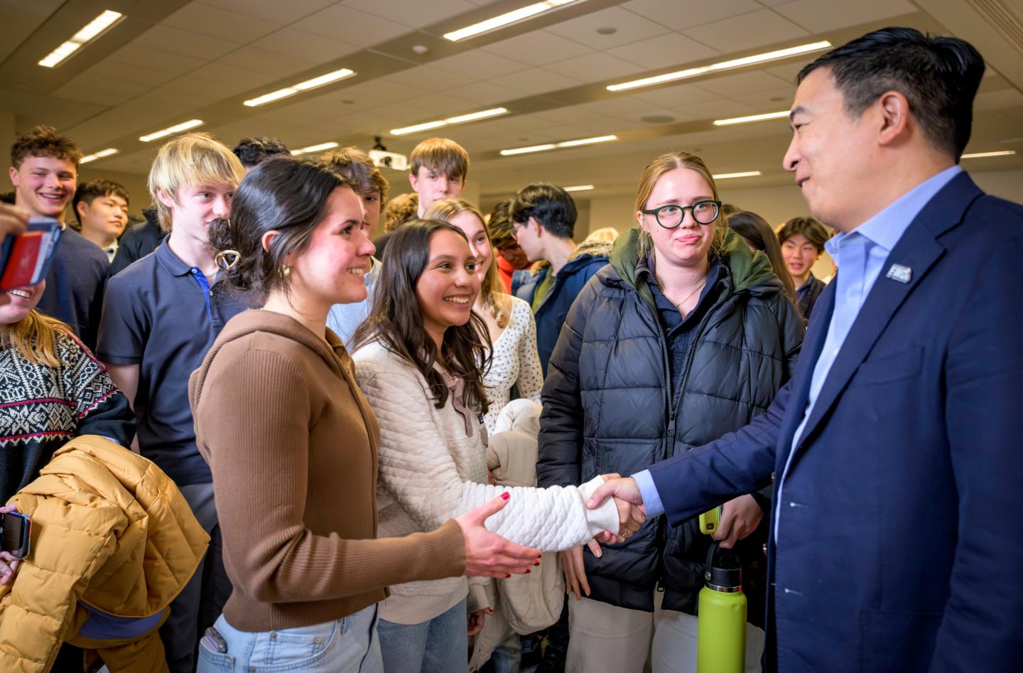 Students meet Andrew Yang during his visit to SPS in January 2024