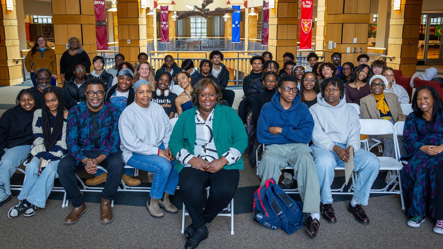 Students and Faculty Pose with the Hon. Talesha Saint-Marc, the first Black person in New Hampshire to serve on the federal bench as a United States magistrate judge who joined as a guest speaker.