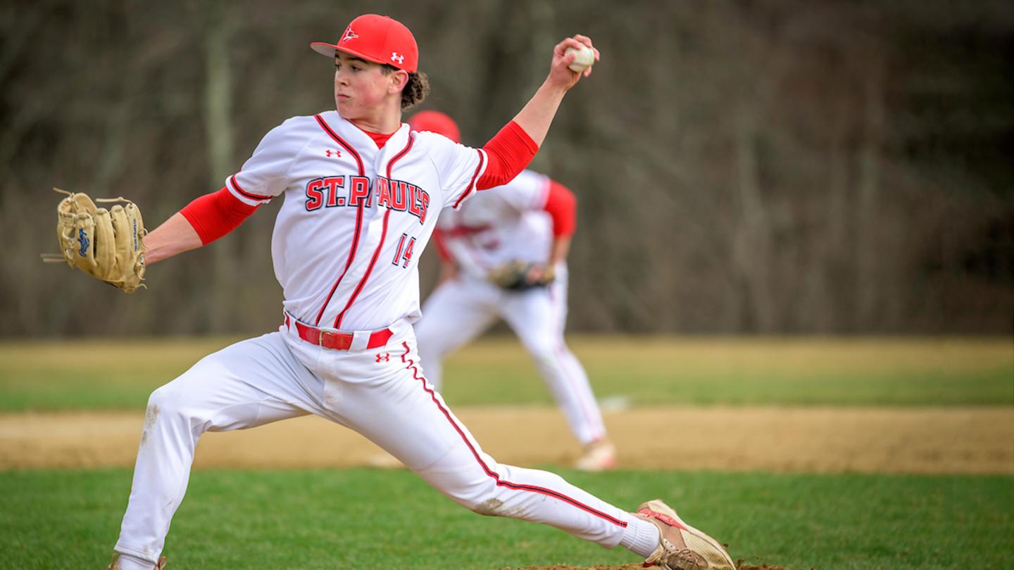 Harry Dermody '26 pitching in game against Tilton School