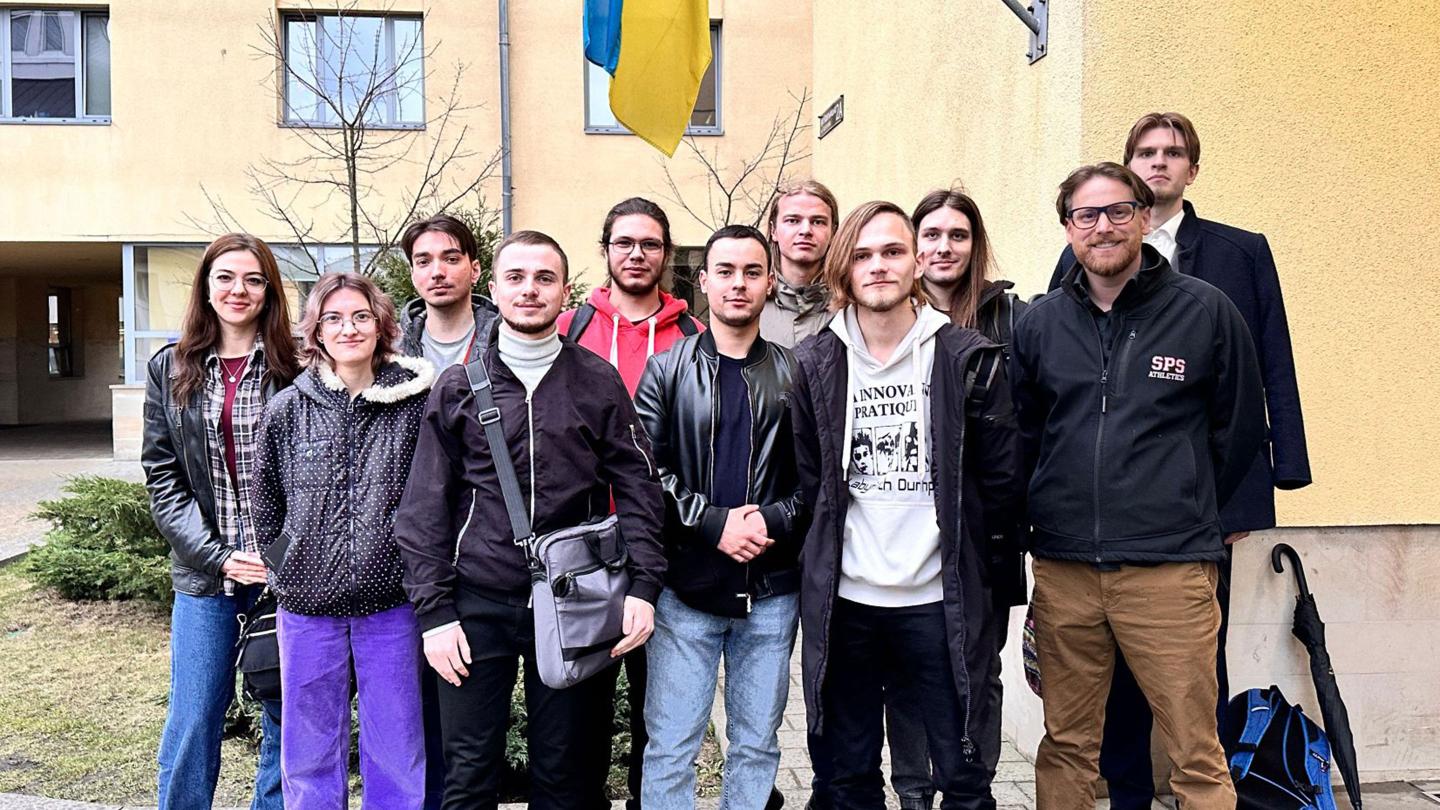Josh Duclos with students in Lviv, Ukraine