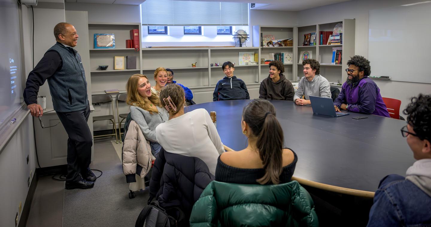 Justin Merrick visits Rev. Wynder's religion class in Jan. 2025