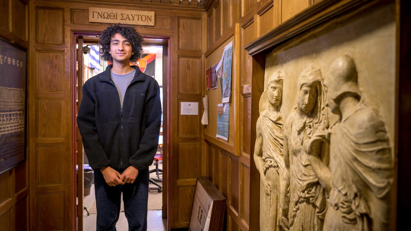 Luca Bocresion outside classroom in the Schoolhouse