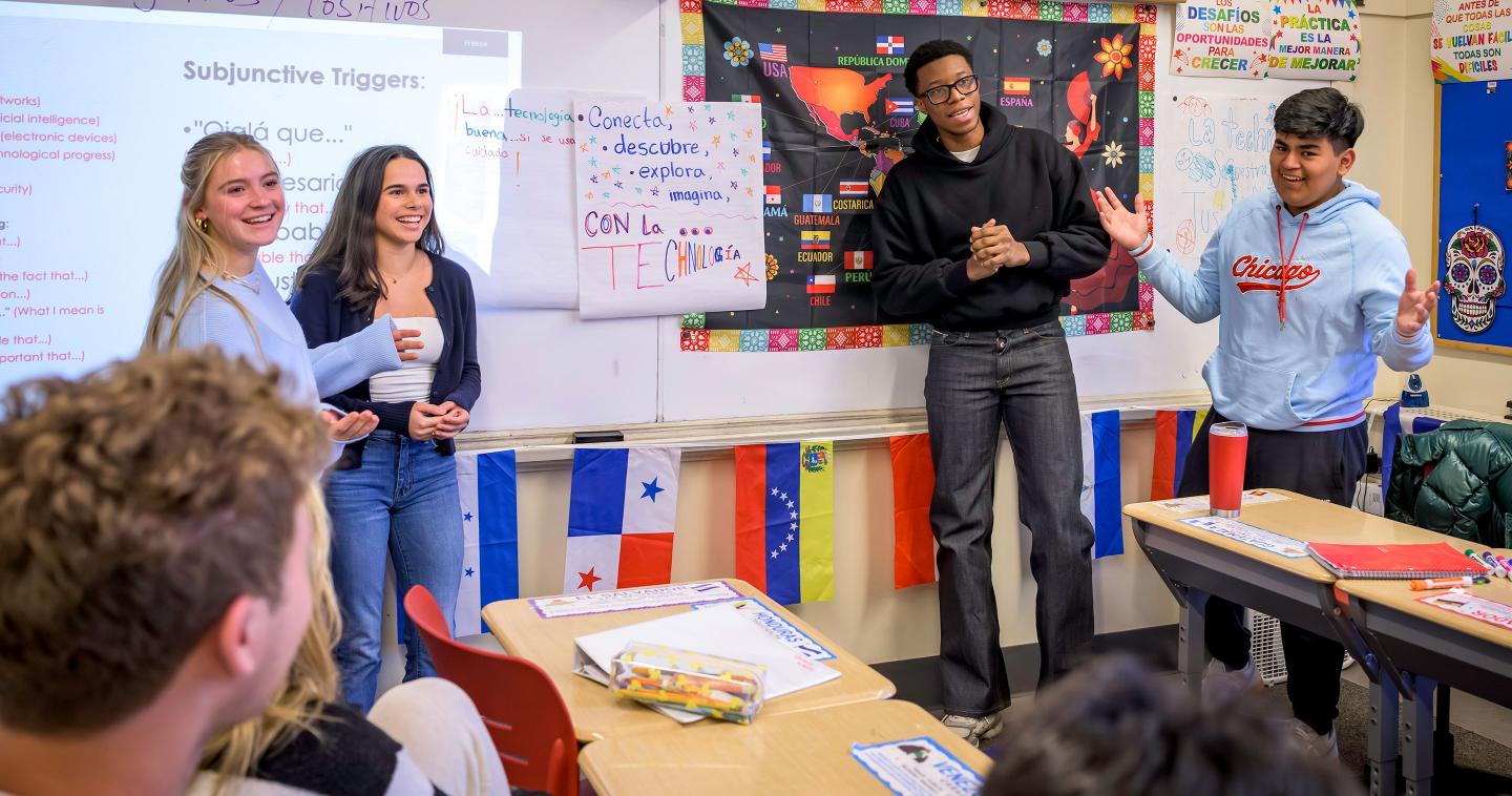 Students practicing their language skills in Spanish class