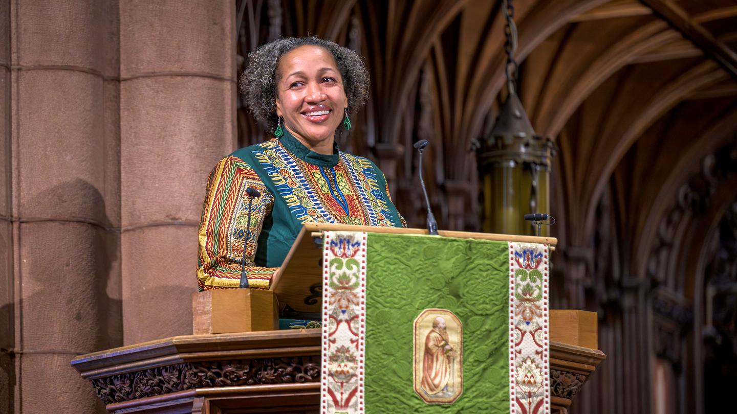 Rev. Mariama White-Hammond speaking in chapel