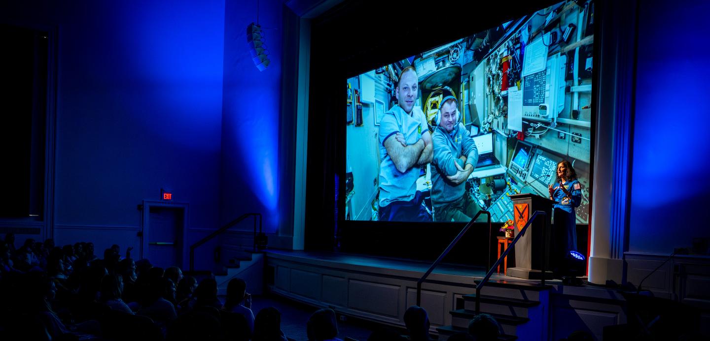 Suni Williams speaking to the community in Memorial Hall