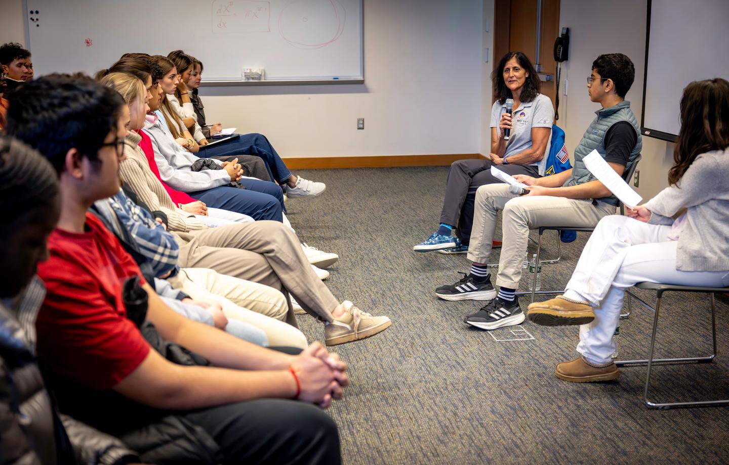 Suni Williams answering questions during a student-moderated question-and-answer session