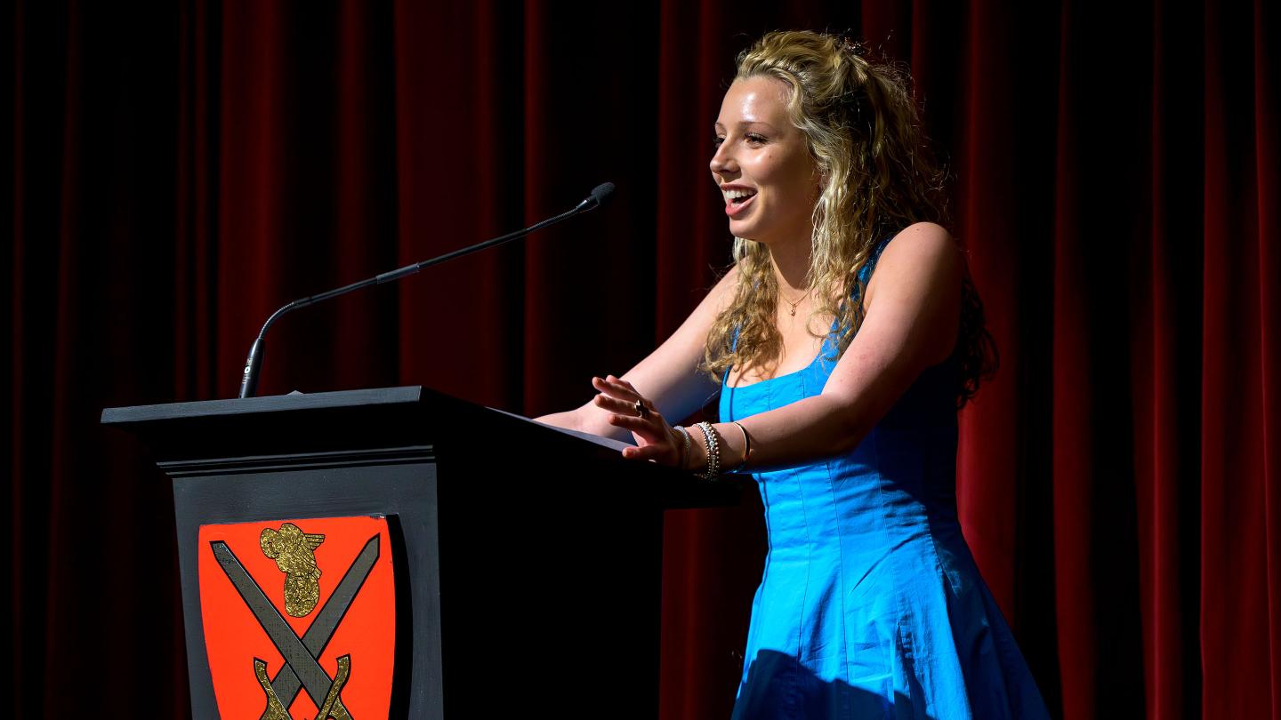 Catherine Allen delivering her Hugh Camp Cup speech in Memorial Hall