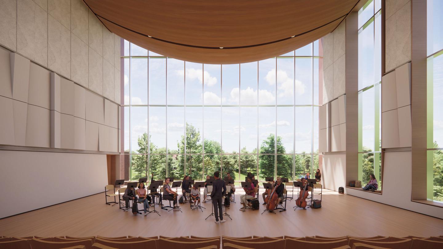 Architectural rendering for the interior of the music performance hall