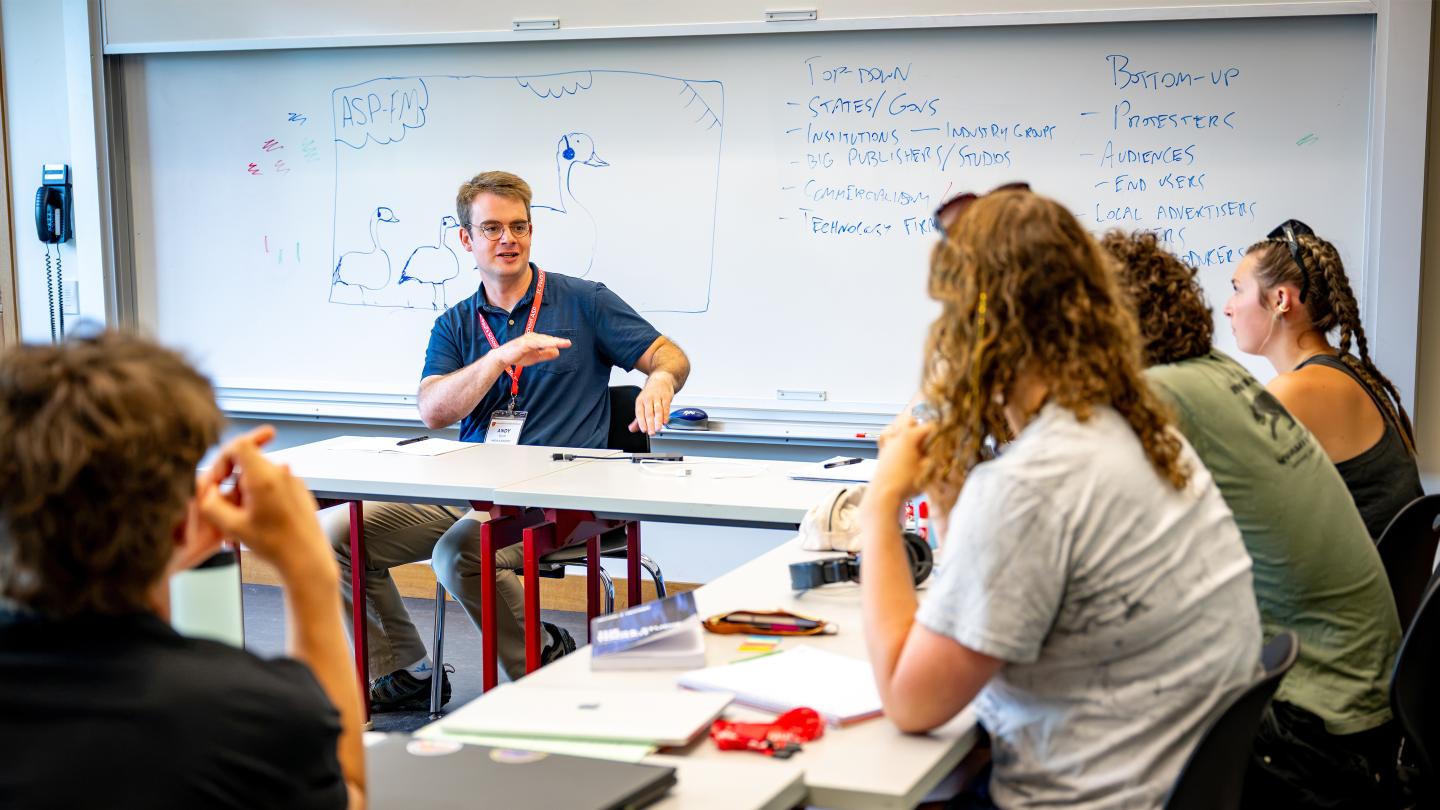 Andy Stuhl leads a discussion in his revamped Media and Society Major Course during the 2026 Advanced Studies Program at St. Paul's School, NH.