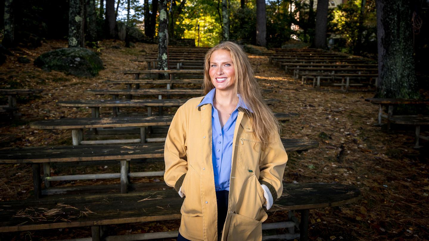 Susannah Phillips standing in the outdoor Tracy Memorial Theater