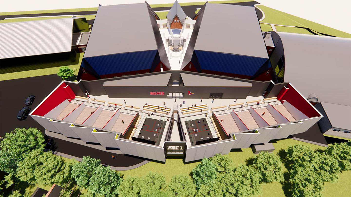 Rendering for aerial view of L2 of squash center
